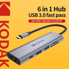 6in 1 Kodak-USB Type-C Adapter to HDTV-compatible PD Multi-splitter, 4K, 30Hz, T342 USB Hub 3.0, TF, SD, MacBook Multi-Converter