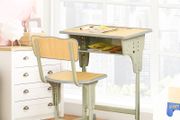 Vintage school-desk style children's desk &amp; chair set - adjustable - storage compartment, bag bracket, pen holder - khaki steel, MDF light wood effect