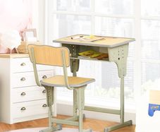 Vintage school-desk style children's desk & chair set - adjustable - storage compartment, bag bracket, pen holder - khaki steel, MDF light wood effect