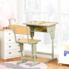 Vintage school-desk style children's desk & chair set - adjustable - storage compartment, bag bracket, pen holder - khaki steel, MDF light wood effect