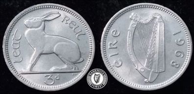 [#2533] - Ireland 1968 | Irish 3d | 3 Pence | Hare | KM.12a