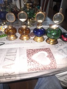 4 Beautiful Old Mirror Blue, Green, Brown Glass Oil Lamps, Postage Available