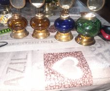 4 Beautiful Old Mirror Blue, Green, Brown Glass Oil Lamps, Postage Available