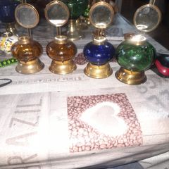 4 Beautiful Old Mirror Blue, Green, Brown Glass Oil Lamps, Postage Available