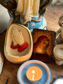 Vintage Catholic Devotional Wall Set Holy Water Font & Virgin Mary icon