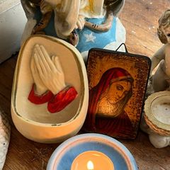 Vintage Catholic Devotional Wall Set Holy Water Font & Virgin Mary icon