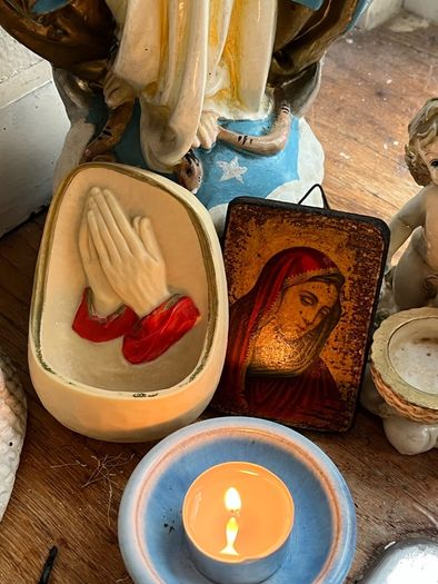 Vintage Catholic Devotional Wall Set Holy Water Font & Virgin Mary icon