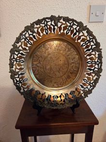 Exquisite Antique African Plaque Brass Copper Silver Inlay
