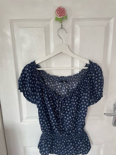Navy bow print f&f soft women's blouse