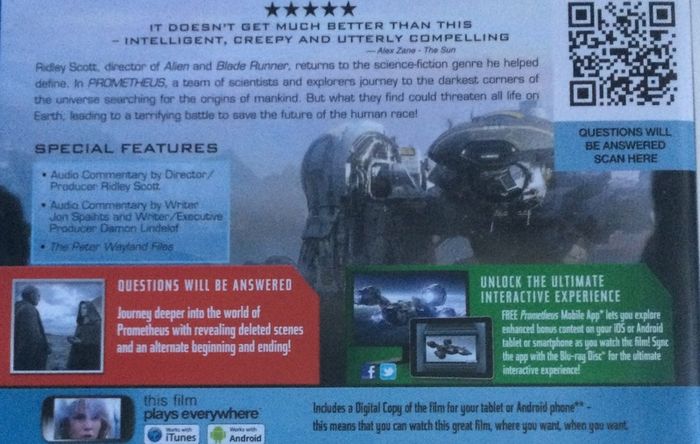 Prometheus (Ridley Scott Film) [2012] Noomi Rapace, Michael Fassbender, Guy Pearce, Idris Elba, Logan Marshall-Green & Charlize Theron [Blu-ray Movie]