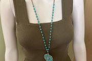 Blue beaded pendant necklace and ring set