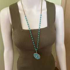 Blue beaded pendant necklace and ring set