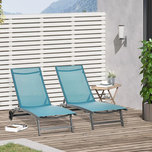 Set of 2 sun loungers in aluminum and textilene with wheels multi-position backrest max