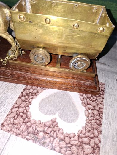 Solid Brass Shire Horse Pulling a Mining Cart mounted on wooden plinth, Postage Available or collection