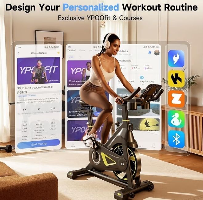 Adjustable Magnetic Resistance Stationary Bikes for Home Cardio with Exclusive App, Indoor Bike Capacity Comfortable Seat, Tablet Mount and Fitness Courses