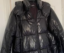 Zara black shiny puffer jacket with hoodie