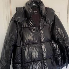 Zara black shiny puffer jacket with hoodie