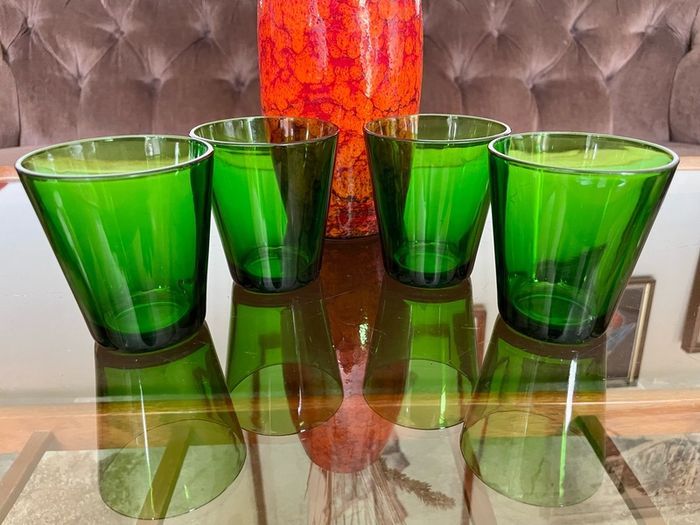 Set 4 Vintage Vereco France Small Forest Green Juice Glasses Tumblers MCM