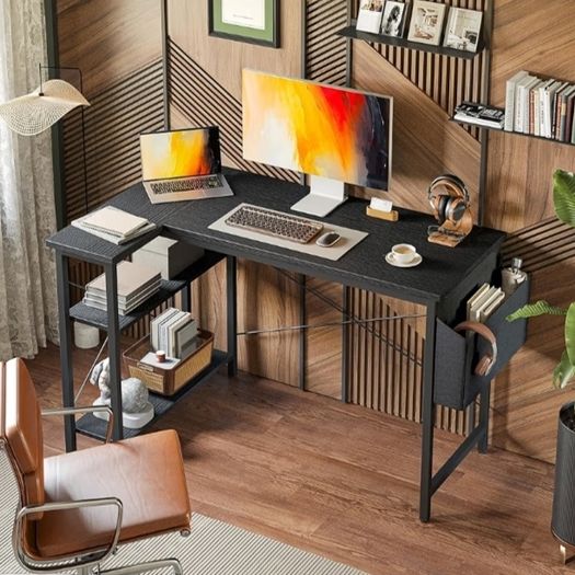 L Shaped Gaming Desk, 100x70 cm Computer Desk with Storage Bag, Office Desk Small Writing Table with Large Reversible Storage Shelves, Workstation for Study Play Work Home Office, Black