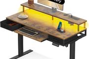 Standing Desk with Keyboard Tray &amp; Storage Drawers, 120cm Height Adjustable Desk with Monitor Stand, LED Lights, Power Outlet and USB Ports for Home Office, Rustic Brown