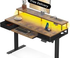 Standing Desk with Keyboard Tray & Storage Drawers, 120cm Height Adjustable Desk with Monitor Stand, LED Lights, Power Outlet and USB Ports for Home Office, Rustic Brown