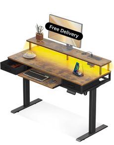 Standing Desk with Keyboard Tray & Storage Drawers, 120cm Height Adjustable Desk with Monitor Stand, LED Lights, Power Outlet and USB Ports for Home Office, Rustic Brown