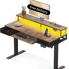 Standing Desk with Keyboard Tray & Storage Drawers, 120cm Height Adjustable Desk with Monitor Stand, LED Lights, Power Outlet and USB Ports for Home Office, Rustic Brown