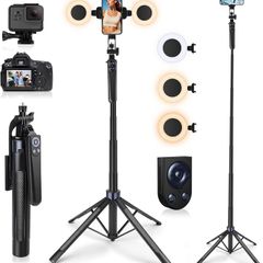 Phone Tripod with 2 LED Fill Lights & Removable Remote, All-in-One Extendable Selfie Stick Tripod for iPhone, Android & Camera, Ideal for Selfies, Vlogging & Video Recording