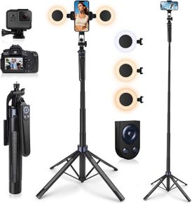 Phone Tripod with 2 LED Fill Lights & Removable Remote, All-in-One Extendable Selfie Stick Tripod for iPhone, Android & Camera, Ideal for Selfies, Vlogging & Video Recording