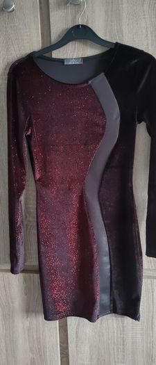 Velvet Black with red glitter and leather stripe mini dress size fits 6 /8 never worn