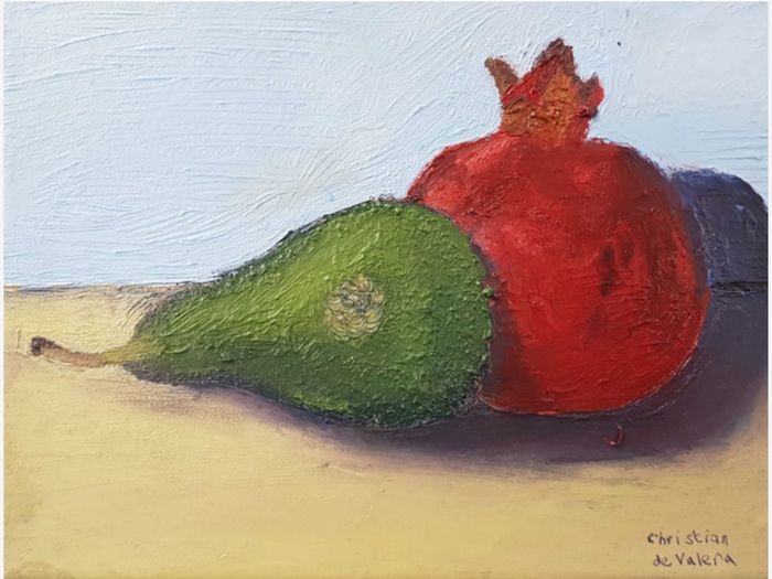 A group of still life of the pear and the programet scene