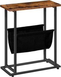 NEW SALE | Slim Side Table, Narrow End Table, Industrial Bedside Tables with Magazine Holder Sling, Small Table for Small Spaces, Skinny Magazine Table, Metal Frame, Rustic Brown and Black