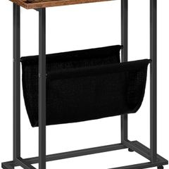 NEW SALE | Slim Side Table, Narrow End Table, Industrial Bedside Tables with Magazine Holder Sling, Small Table for Small Spaces, Skinny Magazine Table, Metal Frame, Rustic Brown and Black