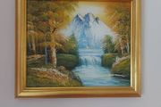 Vintage Mountain, Waterfall, Landscape Scene. Oil on canvas