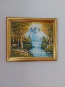 Vintage Mountain, Waterfall, Landscape Scene. Oil on canvas