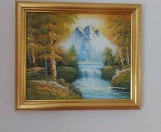 Vintage Mountain, Waterfall, Landscape Scene. Oil on canvas