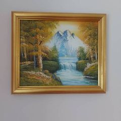 Vintage Mountain, Waterfall, Landscape Scene. Oil on canvas