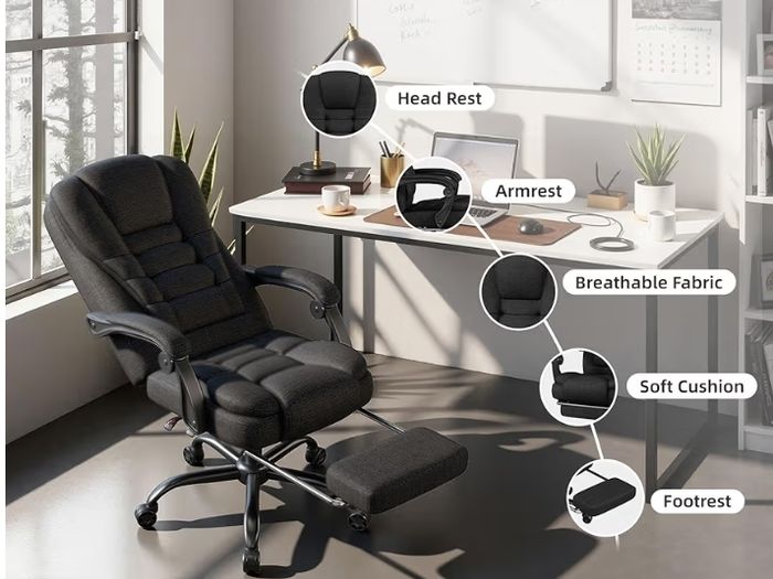 Office Chair with Footrest, Pocket Spring Fabric Desk Chair, High Back Thick Padding Computer Chair with Linkage Armrests, 90-150 Reclining Ergonomic Task Chair, Black