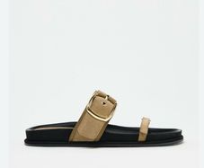 ZARA Leather Buckled Slide Platform Sandals Gold Hardware