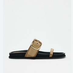 ZARA Leather Buckled Slide Platform Sandals Gold Hardware