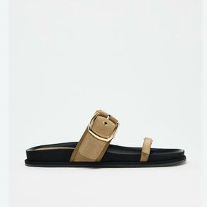 ZARA Leather Buckled Slide Platform Sandals Gold Hardware
