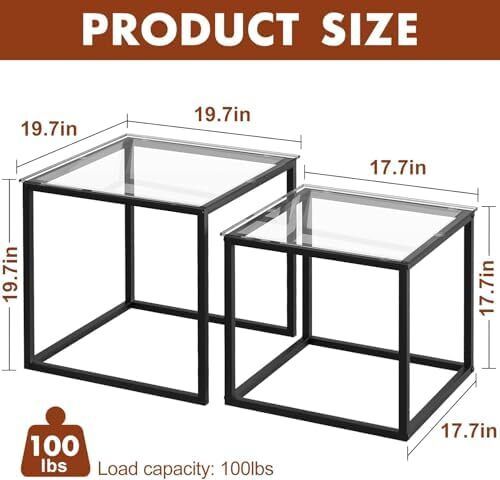 Coffee Table, Set of 2, Modern Living Room Table, Glass Coffee Table, Small, Side Table, Sofa Table, Coffee Table for Living Room, Bedroom, Office, 50/45 cm, Black