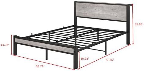 Metal King Size Bed Frame with Storage Wooden Headboard
