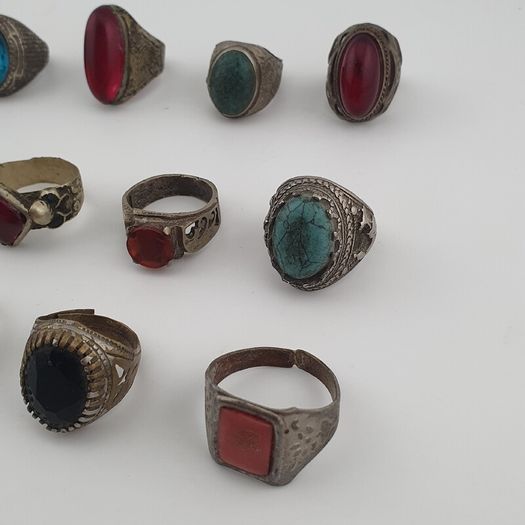 Antique Style Ring Collection 15 Mixed Brass, Glass & Stone Rings
